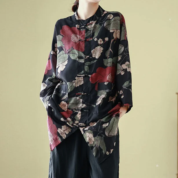 Babakud Women Spring Vintage Ramie Floral Long Cardigan Shirt Tough Women's Military - inspired