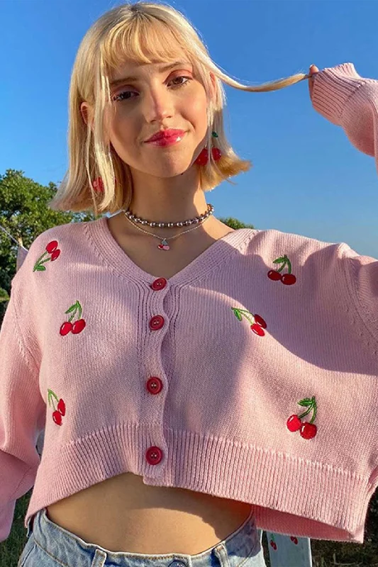 Cherry Embroidery Button-Front Cardigan Feminine Women's Soft 