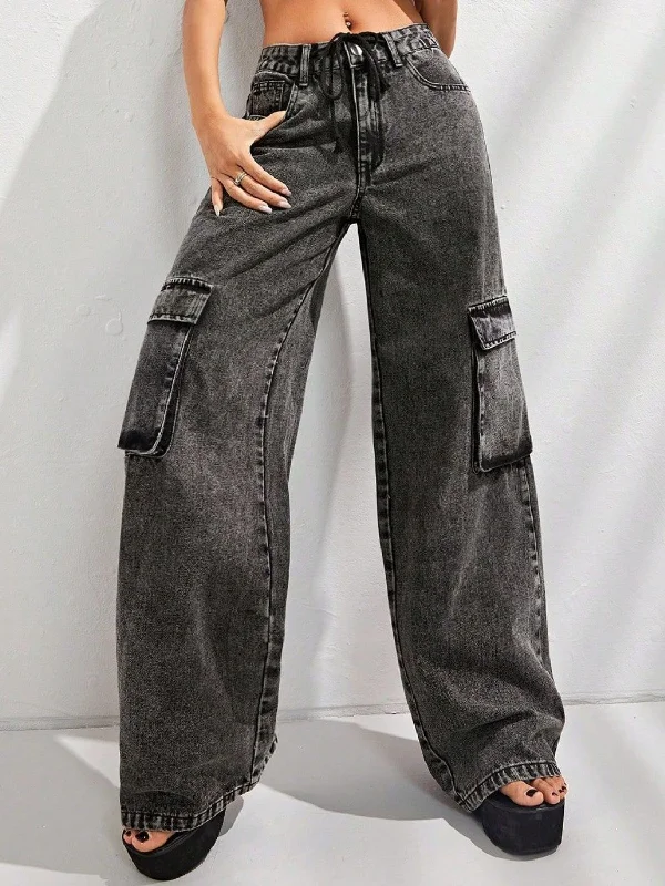 Wide Leg Jeans with Pockets Edgy Women's Punk