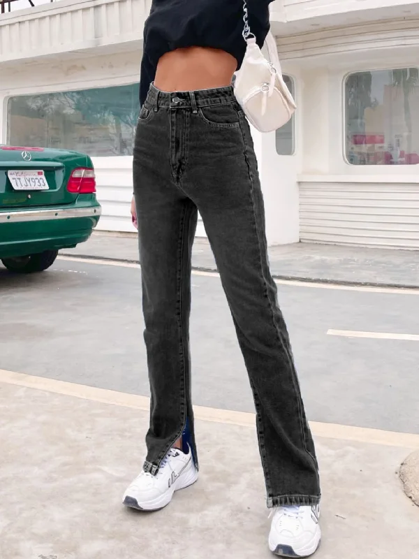 Side Slit High Waist Jeans with Pockets Monochromatic Office Style