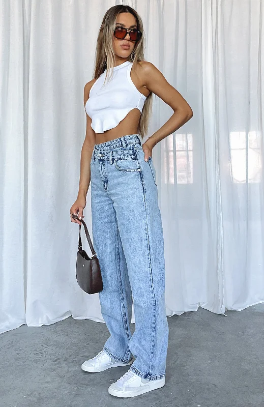 Take My Time High Rise Straight Leg Jeans Washed Blue Hip Women's Retro