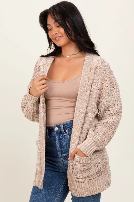 Beige Two Toned Oversized Cable Knit Cardigan Preppy Women's College