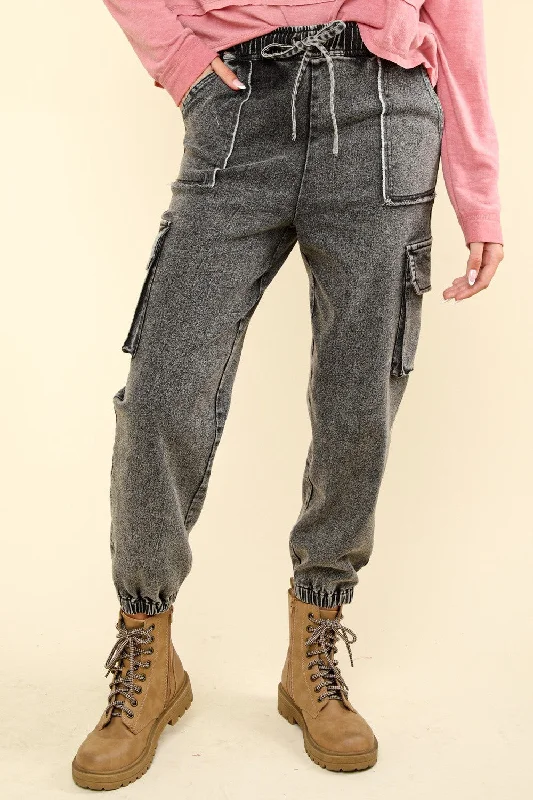 VERY J Washed Drawstring Jogger Cargo Jeans Women