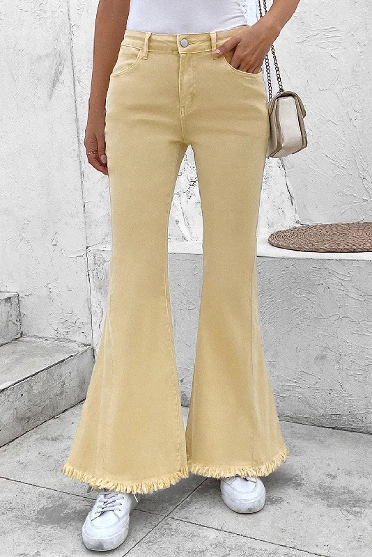 Pocketed Raw Hem Flare Jeans Compression
