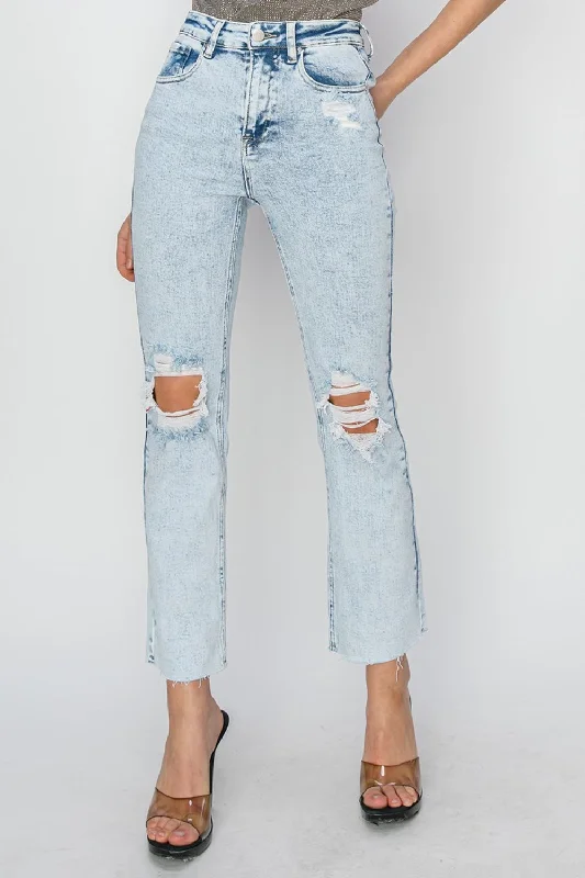 RISEN High Rise Distressed Ankle Jeans Artistic Women's Hand - painted