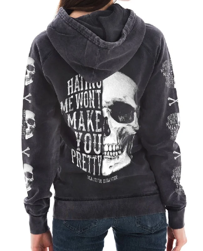 Hating Me Skull Mineral Wash Pullover Hoodie Polished Women's Silk