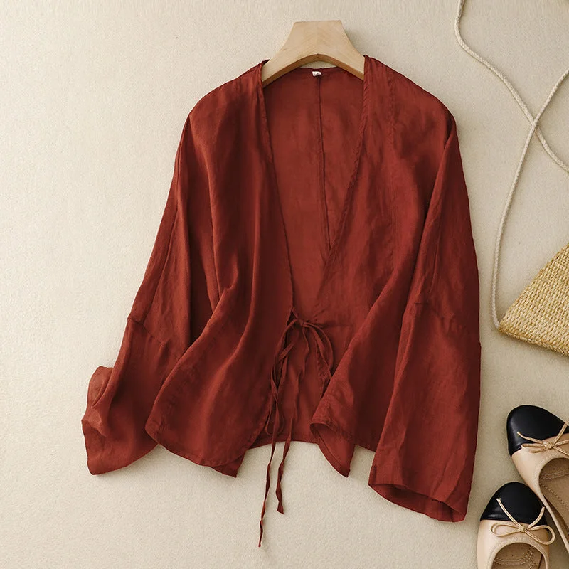 Casual Lace-Up Cotton Linen Cardigans Refined Women's Classic 