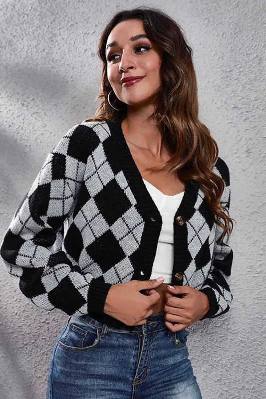 Color Patchwork Argyle Knitted Cardigan Women