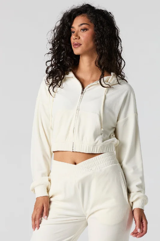 Velour Cropped Zip-Up Hoodie Feminine Women's Style 