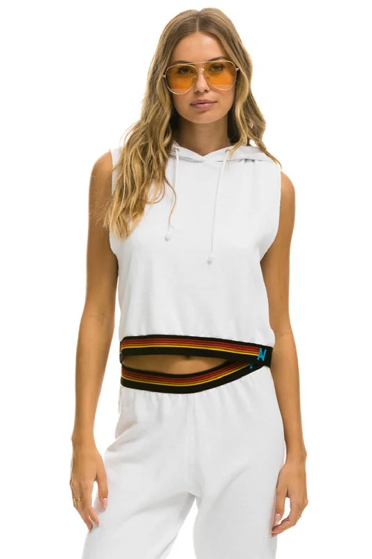 LOGO STRIPE SLEEVELESS CROP PULLOVER HOODIE - WHITE Sleek Women's Metallic