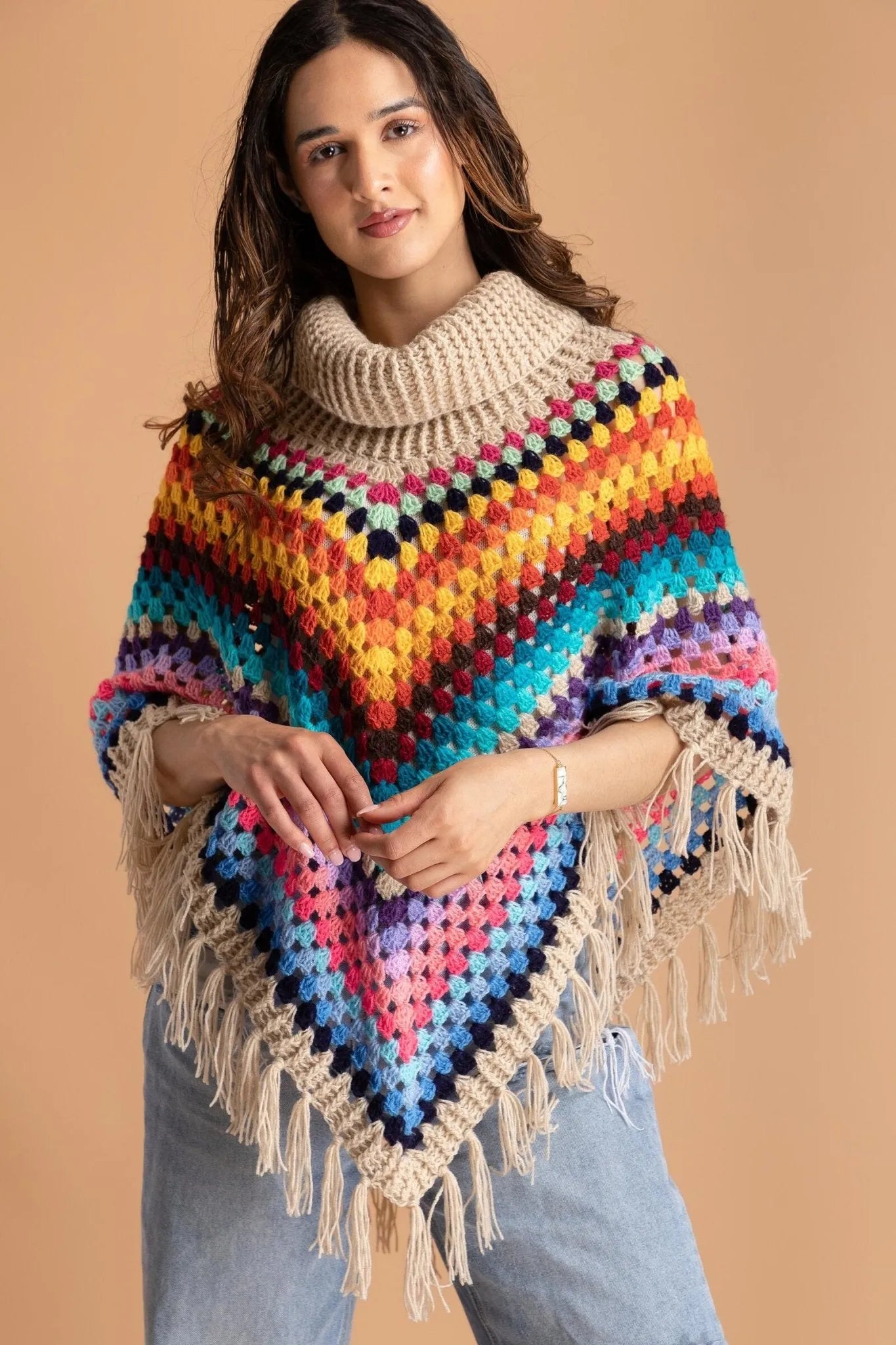 Rainbow Crochet Turtleneck Sweater Poncho Sporty Women's Athleisure 