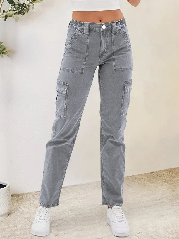 Buttoned Straight Jeans with Cargo Pockets Rugged Women's Outdoor 