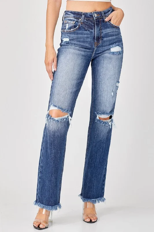 Risen Full Size Raw Hem Distressed Straight Jeans Refined Women's 
