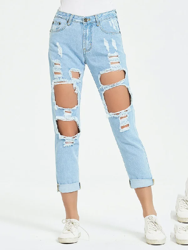 Buttoned Distressed Cropped Jeans Relaxed Women's 