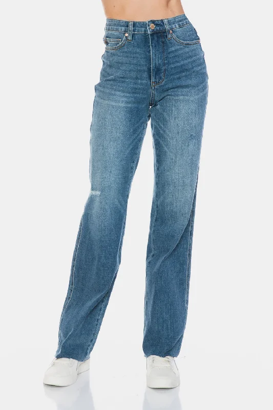 Judy Blue Full Size Tummy Control Cut Raw Hem Straight Jeans Trendy Women's 