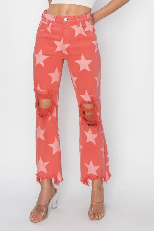 RISEN Full Size Distressed Raw Hem Star Pattern Jeans Youthful Women's Anime - inspired
