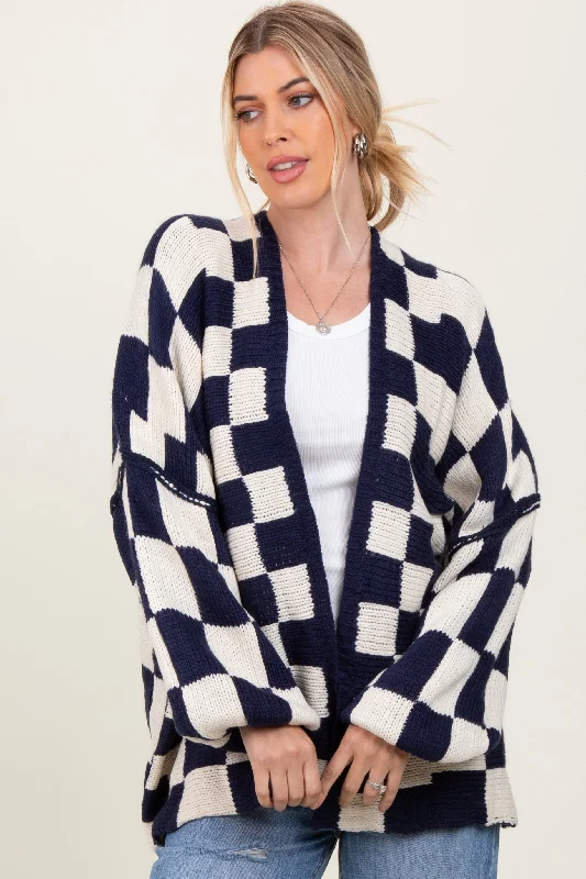 Navy Checkered Oversized Cardigan Feminine Women's Style 
