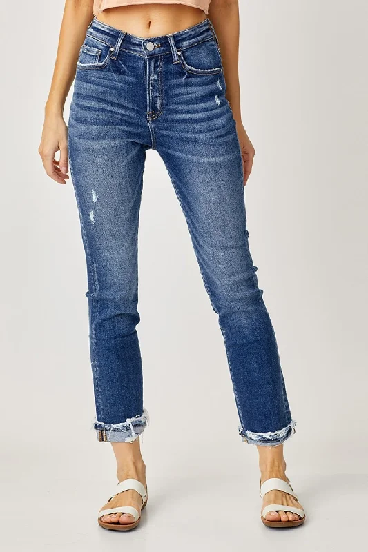 Risen Full Size High-Rise Frayed Cuffed Straight Jeans Feminine Women's Style 