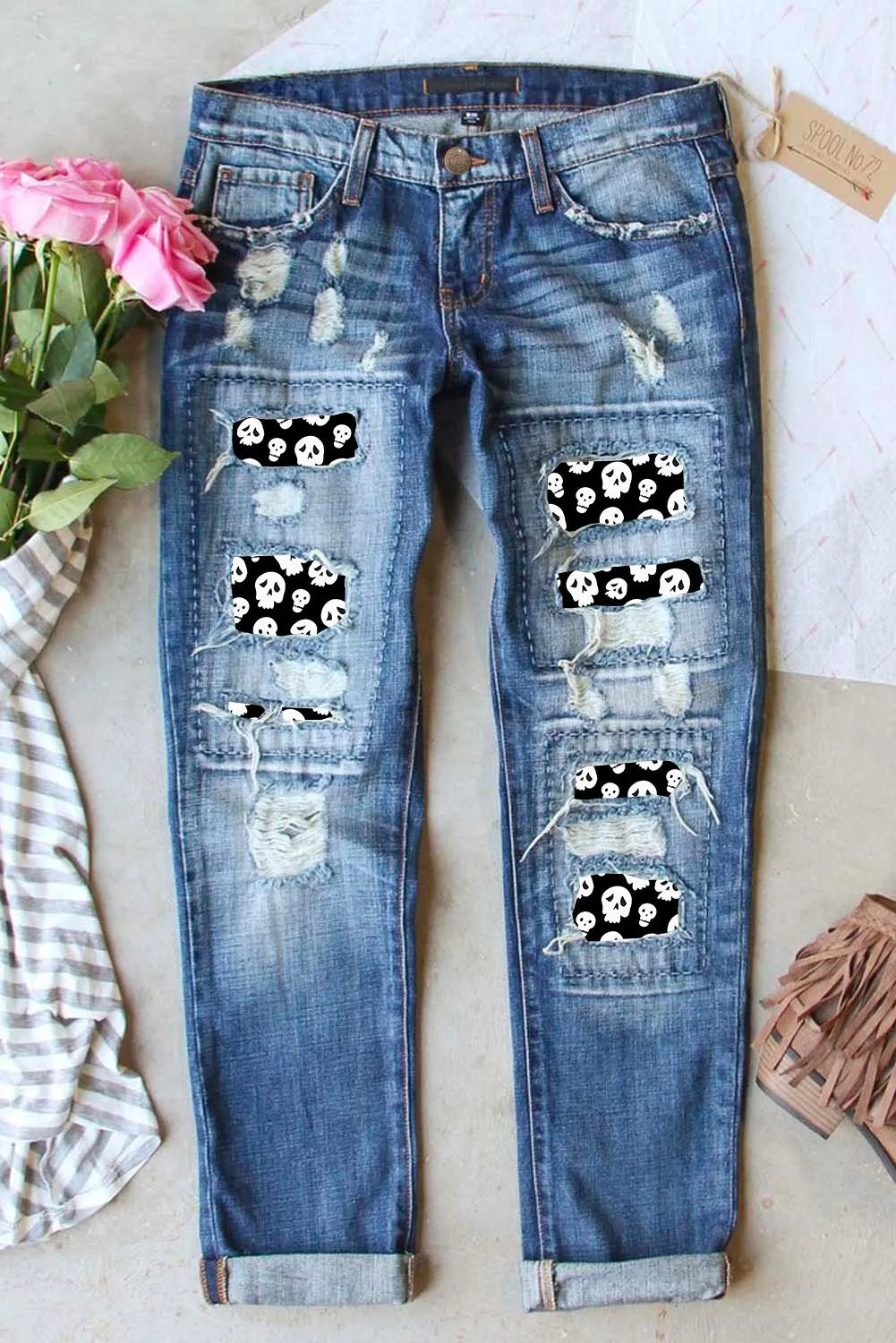 Distressed Skeleton Pattern Jeans with Pockets Sporty Women's Tennis