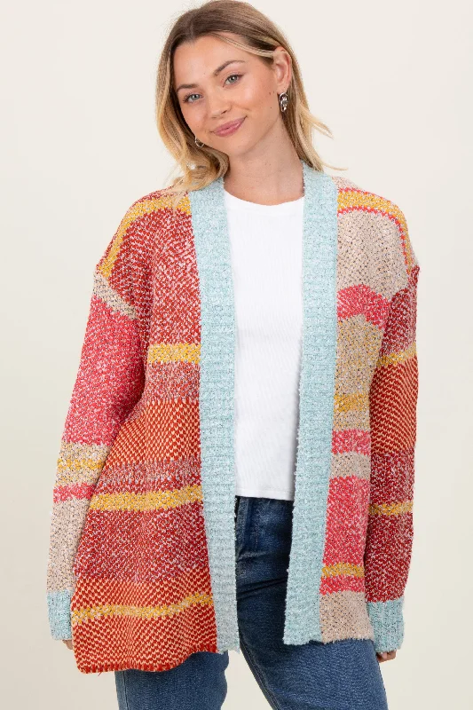 Orange Colorblock Stripe Oversized Open Cardigan Women