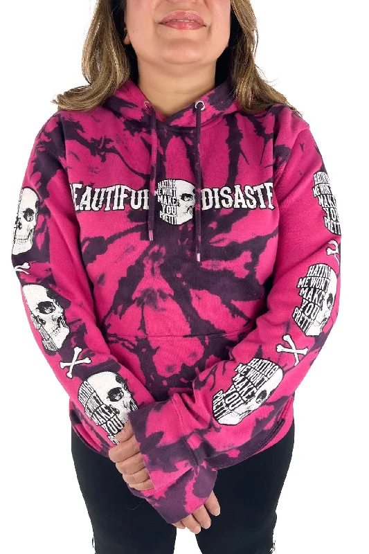 Hating Me Tie Dye Pullover Hoodie - Pink/Black Sleek Women's Metallic