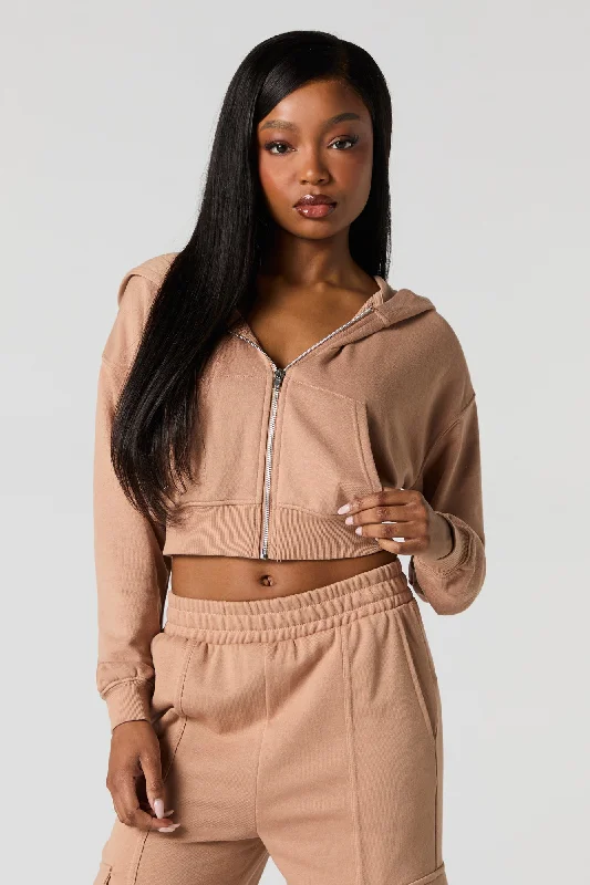 Solid Fleece Zip-Up Cropped Hoodie Laid - back Women's Style