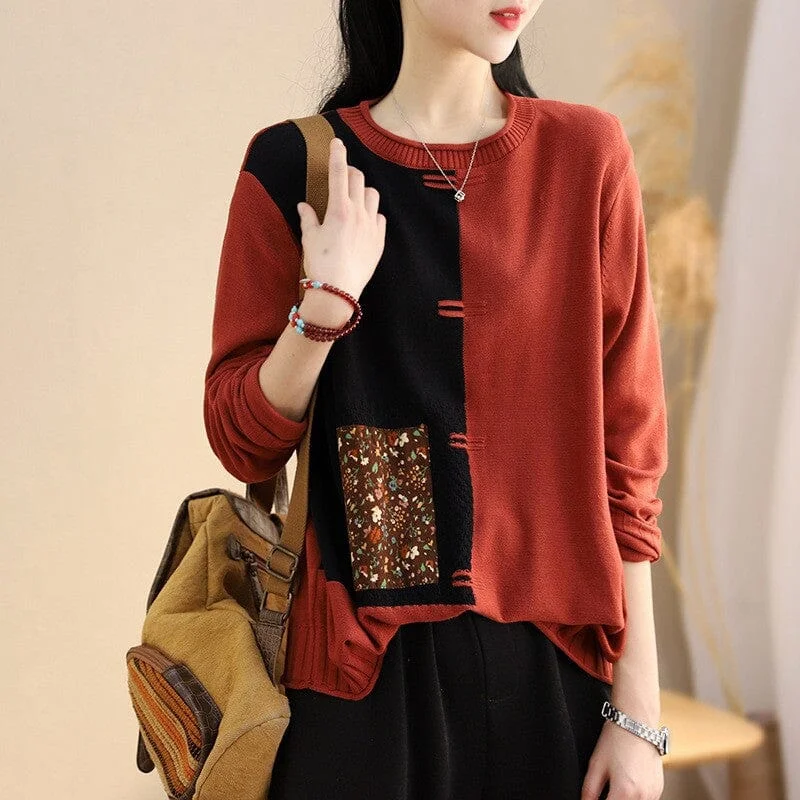 Women Spring Retro Patchwork Cotton Knitted Cardigan Refined Women's Velvet