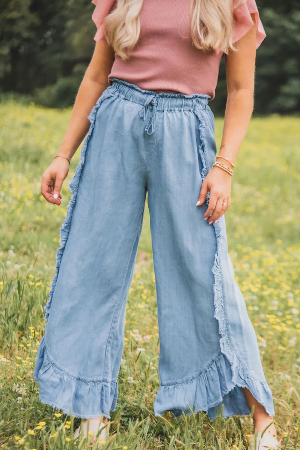 Raw Hem Wide Leg Jeans Polished Women's Silk