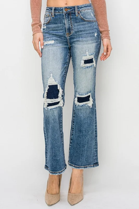 Risen Full Size High Rise Distressed Ankle Flare Jeans Sleek Women's 