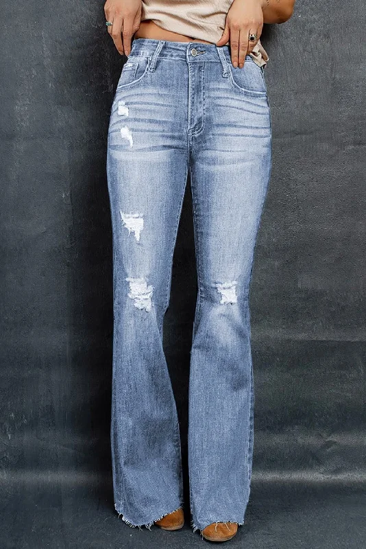 Distressed Raw Hem Flare Jeans Athletic Women's High - 