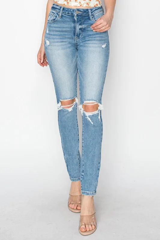 Risen Full Size High Rise Knee Distressed Skinny Jeans Luxurious Women's High -  end