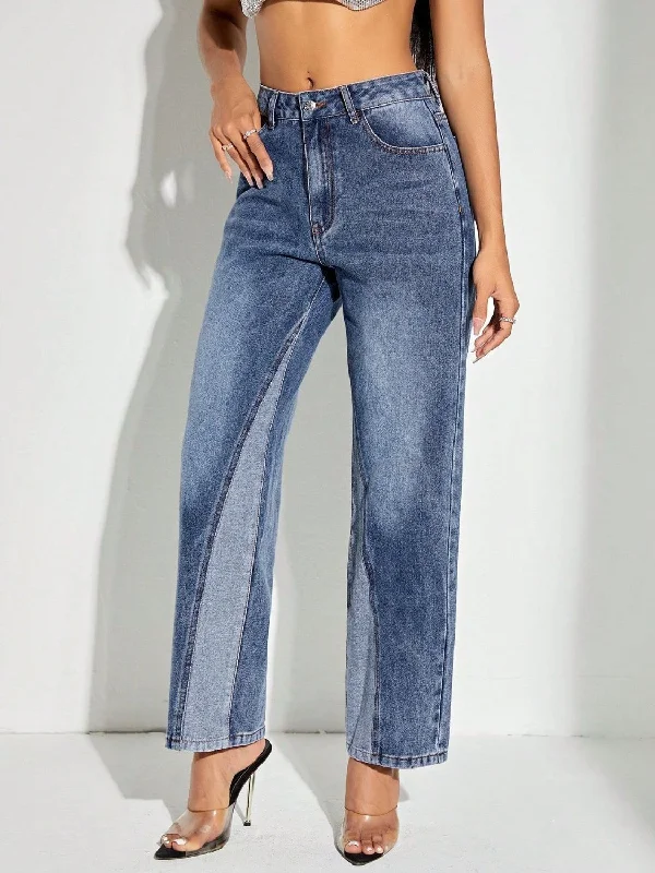 Contrast Patchwork Straight Jeans with Pockets Sharp Women's Italian