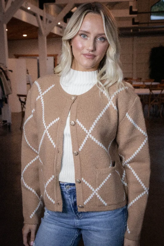 Argyle Thick Knit Cardigan, Brown/Ivory Laid - back Women's Style