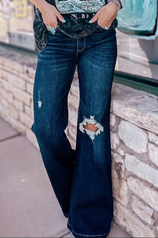 Distressed Wide Leg Jeans with Pockets Street