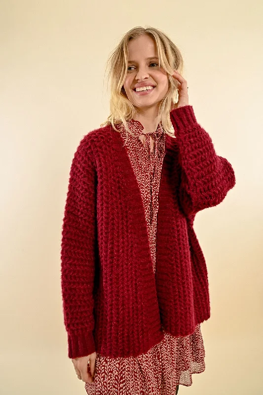 Molly Bracken Dark Red cable Knit Cardigan Refined Women's Hand - crafted