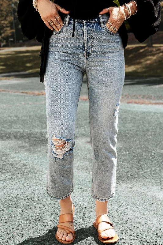 Distressed Straight Jeans with Pockets Practical Women's Multi - 