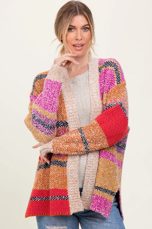 Fuchsia Oversized Colorblock Stripe Cardigan Classic Women's Pin - striped