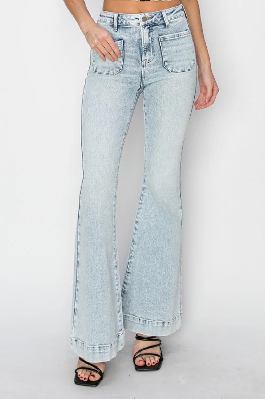 Risen Full Size High Rise Front Patch Pocket Flare Jeans Cool Women's Skate