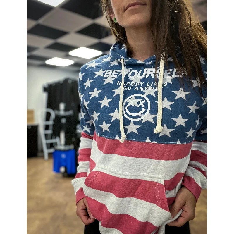 Salty Savage Unisex "Be Yourself" Stars and Stripes Lounge Hoodie | American Flag Dapper Women's Bow - adorned Salty Savage Unisex "Be Yourself" Stars and Stripes Lounge Hoodie | American Flag Dapper Women's Bow - adorned