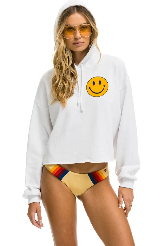 SMILEY 2 RELAXED CROPPED PULLOVER HOODIE - WHITE Bold Women's Animal Print