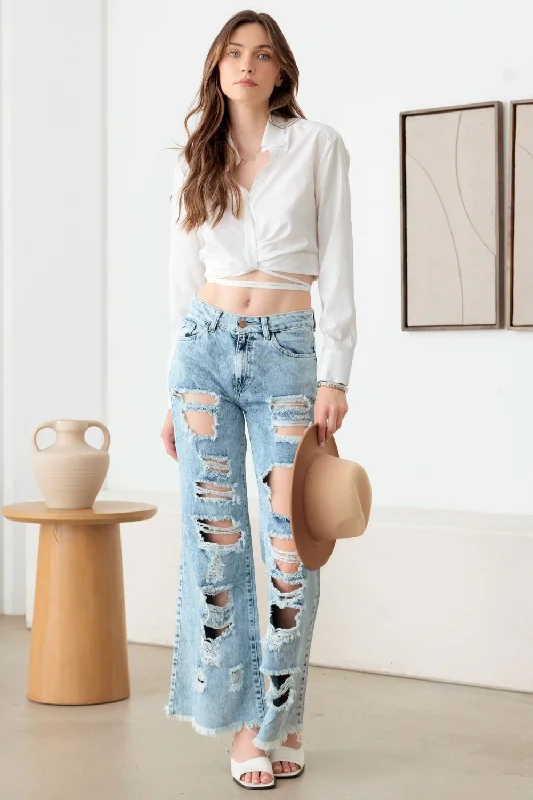 Litz La Distressed Frayed Hem Flare Jeans Monochromatic Office Style