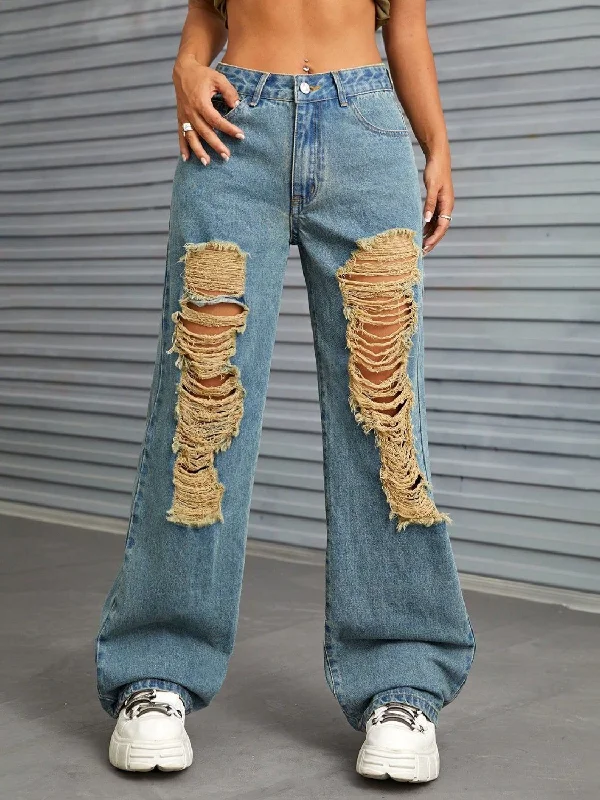 Distressed Wide Leg Jeans with Pockets Scandinavian