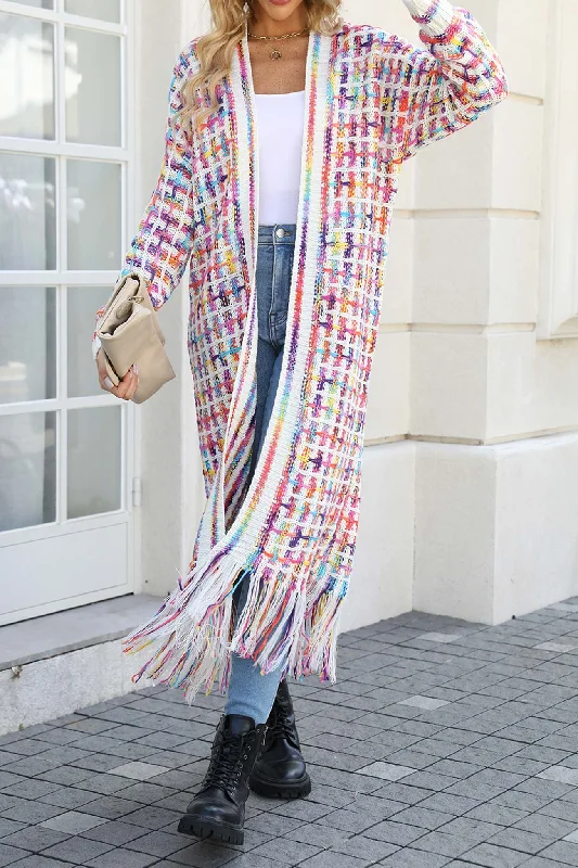 Contrast Fringe Hem Open Front Long Cardigan Scandinavian