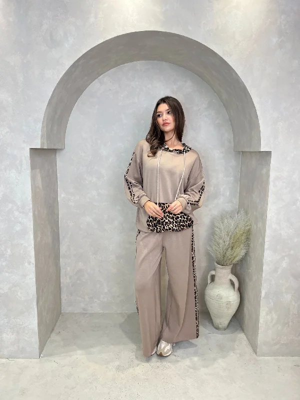 Taupe Leopard Print Long Hoodie Contemporary 