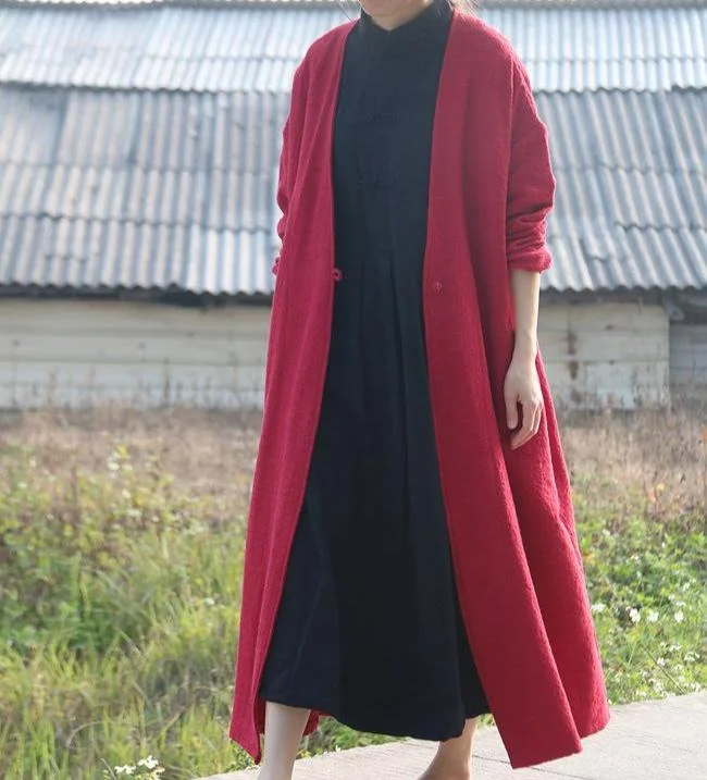Solid Color Cotton Linen Warm Mid- Length Cardigan Laid - back Women's Style