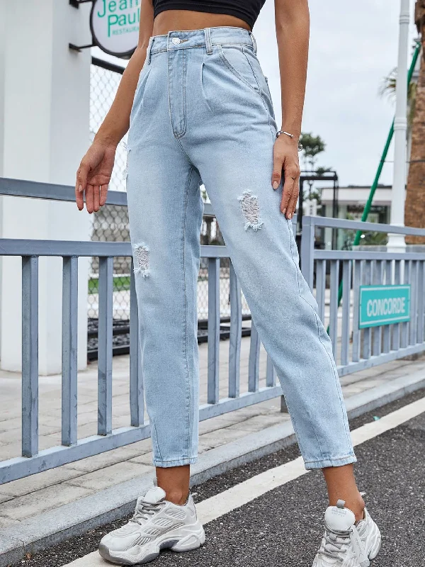 Distressed Straight Jeans with Pockets Luxurious Women's High -  end