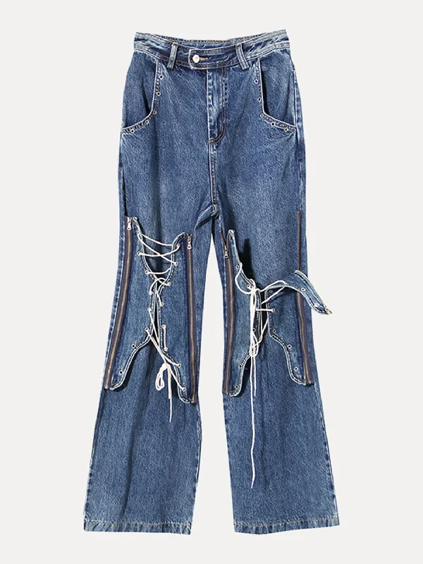 Lace Up Bootcut Jeans with Pockets Youthful Women's Anime - inspired