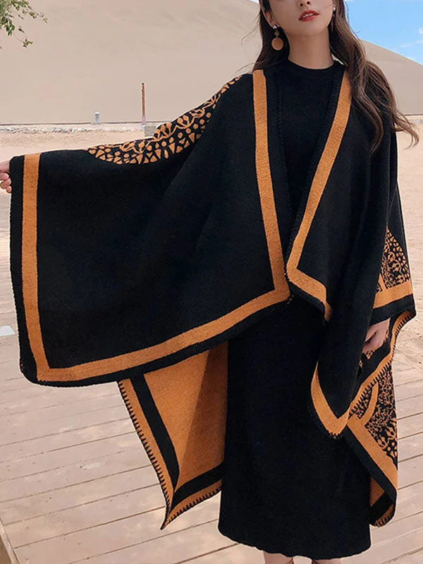 Black Ethnic Print Cloak Cardigan Streetwear Style for 