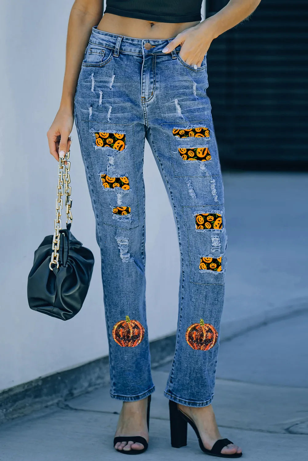 Pumpkin Distressed Straight Jeans Sleek Women's Metallic