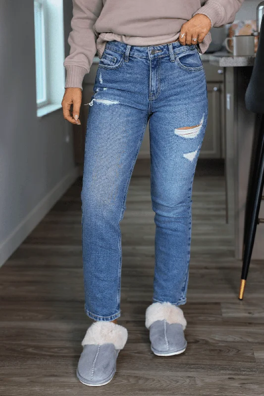 Medium Wash High Rise Distressed Straight Leg Jeans Relaxed Women's Beachy